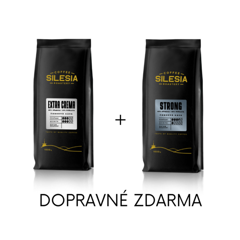Silesia 1 kg + 1 kg (dopravné zdarma) - První kafe: STRONG 40% Arabika 60% Robusta, Druhé kafe: EXTRA CREMA 80% Arabica 20% Robusta