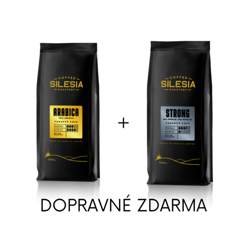 Silesia 1 kg + 1 kg (dopravné zdarma) - První kafe: ARABICA 100%, Druhé kafe: STRONG 40% Arabika 60% Robusta