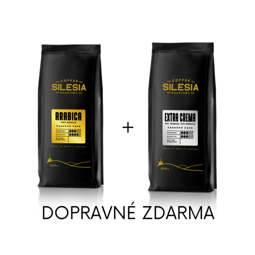 Silesia 1 kg + 1 kg (dopravné zdarma) - První kafe: EXTRA CREMA 80% Arabica 20% Robusta, Druhé kafe: ARABICA 100%