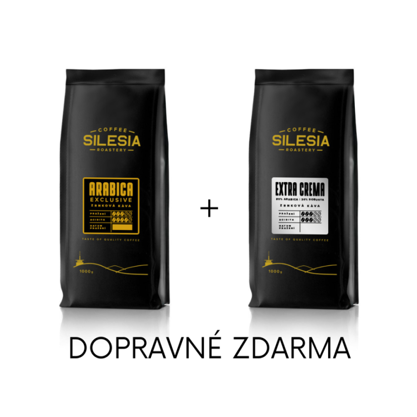 Silesia 1 kg + 1 kg (dopravné zdarma) - První kafe: EXTRA CREMA 80% Arabica 20% Robusta, Druhé kafe: EXCLUSIVE BLEND 100% Arabika