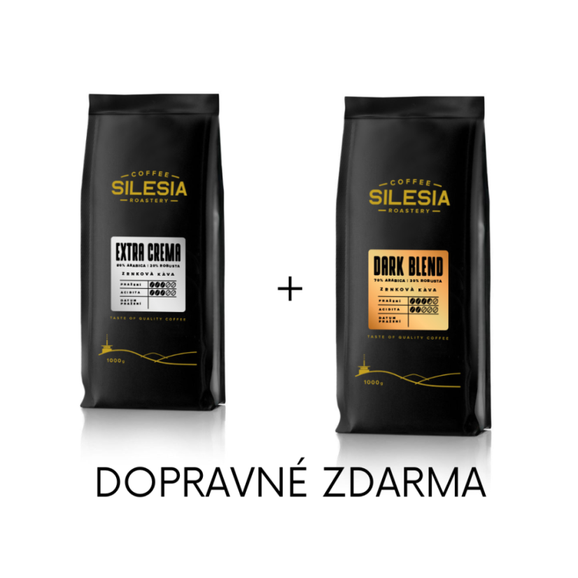 Silesia 1 kg + 1 kg (dopravné zdarma) - První kafe: DARK BLEND 70% Arabika 30% Robusta, Druhé kafe: EXTRA CREMA 80% Arabica 20% Robusta