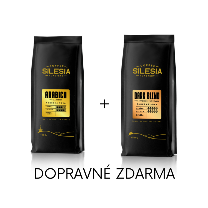 Silesia 1 kg + 1 kg (dopravné zdarma) - První kafe: DARK BLEND 70% Arabika 30% Robusta, Druhé kafe: ARABICA 100%
