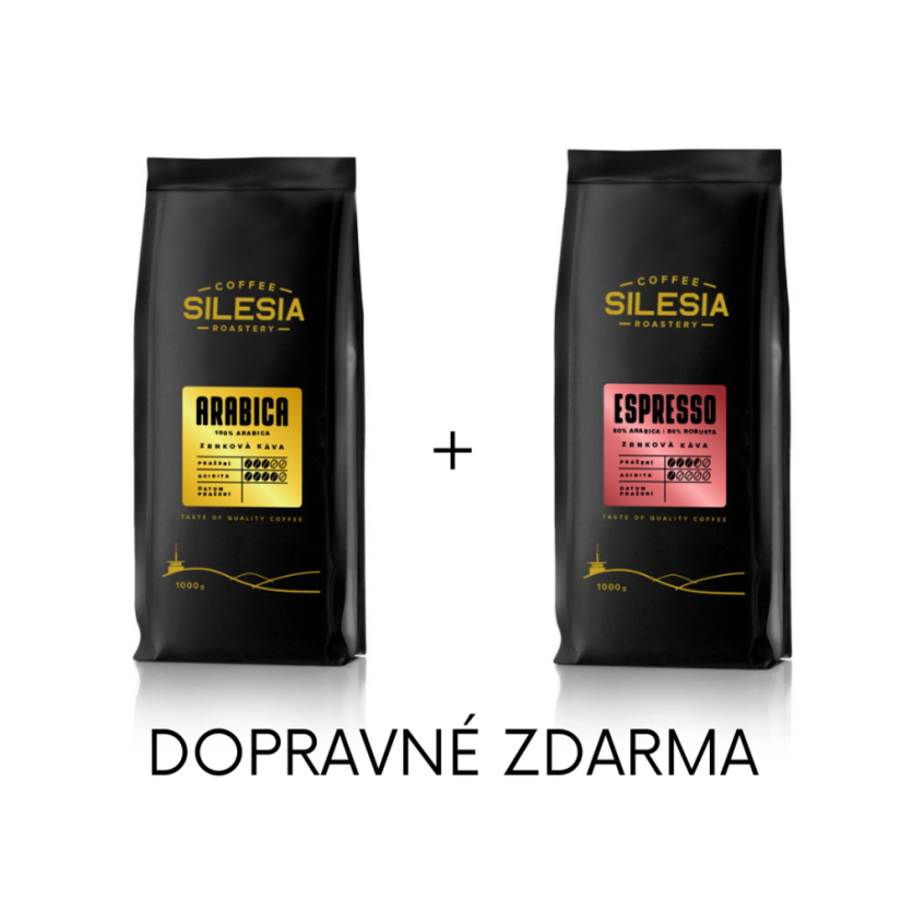 Silesia 1 kg + 1 kg (dopravné zdarma) - První kafe: ARABICA 100%, Druhé kafe: ESPRESSO 50% Arabica 50% Robusta