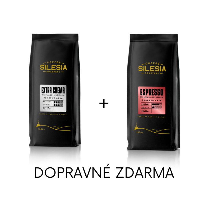 Silesia 1 kg + 1 kg (dopravné zdarma) - První kafe: ESPRESSO 50% Arabica 50% Robusta, Druhé kafe: EXTRA CREMA 80% Arabica 20% Robusta